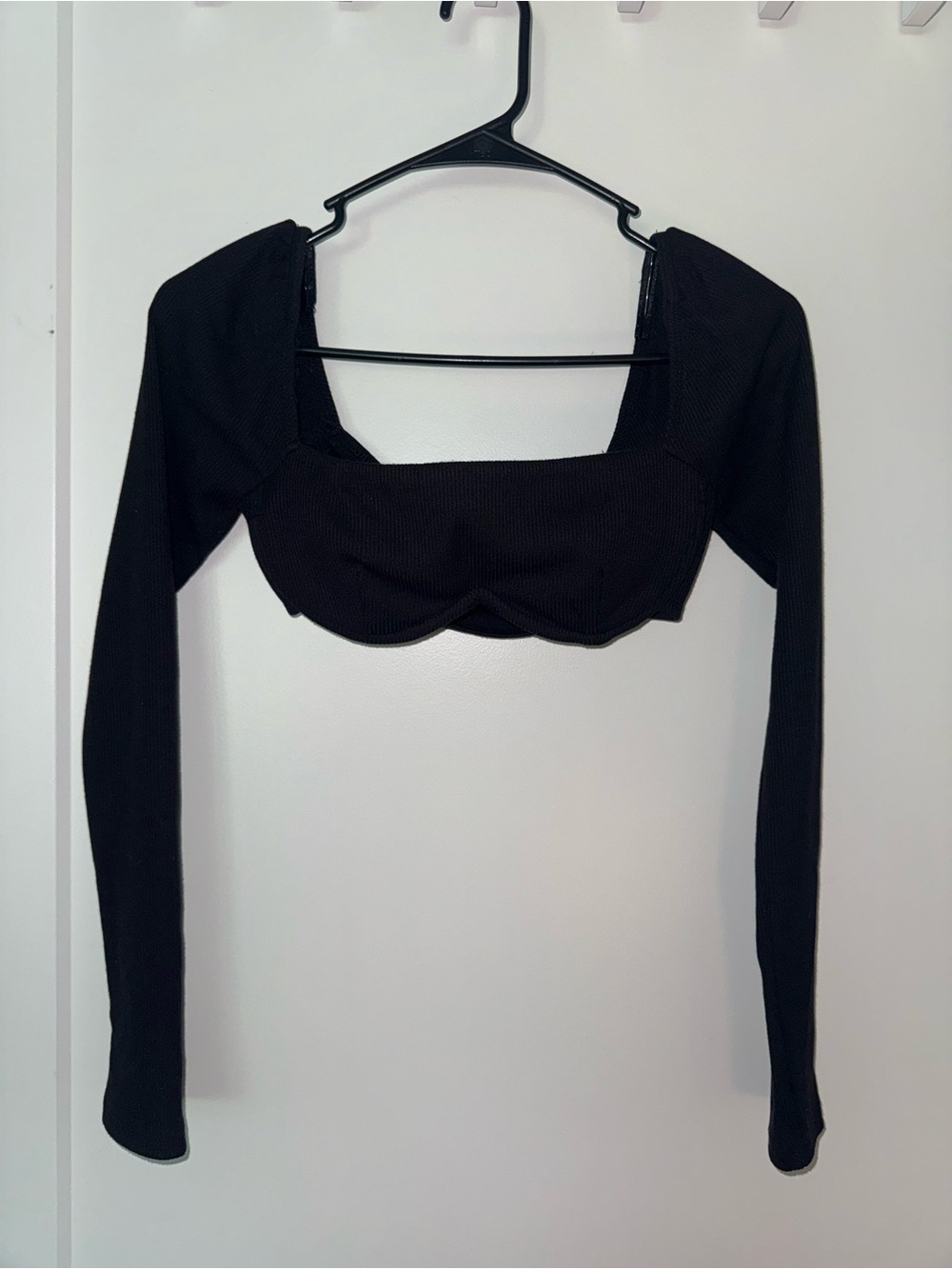 Princess Polly Black Ribbed Long Sleeve Cropped Square Neck Top